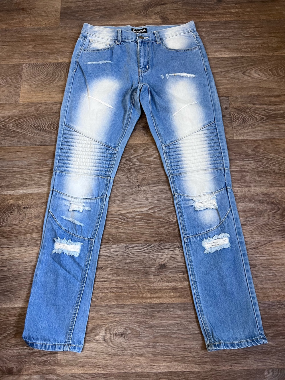 Men's Light Blue Distressed Skinny Biker Jeans/A609